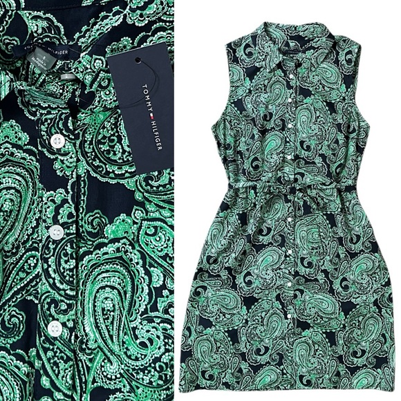 TOMMY HILFIGER Shirtdress Green BLUE paisley NWT Size 8 - Picture 6 of 6